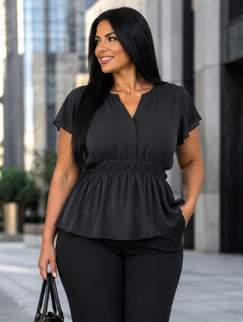 torrid Black V-Neck Smocked-Waist Flutter‎ Sleeve Blouse